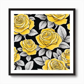 Yellow Roses On Black Background 5 Art Print