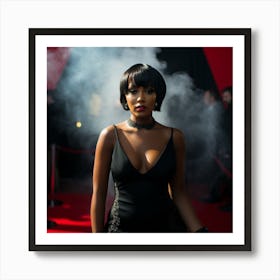 A Smoking Hot Voluptuous Sexy Black Woman In A Black Latex Dress Smoke in Back on Red Carpet - Created by Midjourney Art Print