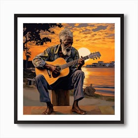 Old Man Playing Guitar At Sunset Art Print