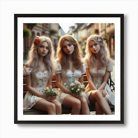 Three Girls Sitting On A Bench 1 Art Print