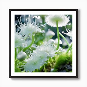 White Mushrooms With Water Droplets Art Print