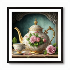 A very finely detailed Victorian style teapot with flowers, plants and roses in the center with a tea cup 6 Art Print