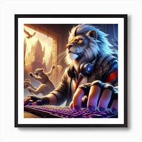 Lion Playing A Computer Art Print