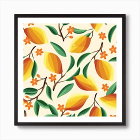 Sunny Lemon Pattern With Florals Square Art Print
