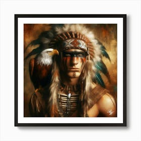 Oil Texture Native American Indian With Hawk On Shoulder 2 Art Print