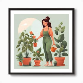 Gardener Woman Watering Plants Art Print