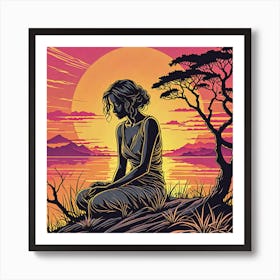 Sunset With A Woman Art Print