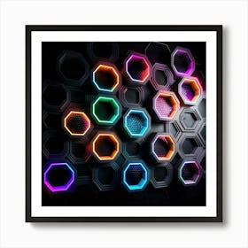 Hexagonal shapes with neon lights, futuristic, cyberpunk, background 6 Art Print