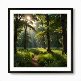 A Serene Landscape With Lush Green Trees Swaying Gently In The Breeze, A Vibrant Forest Floor Covered With Wildflowers 2 Art Print