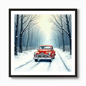 Vintage Car In A Tranquil Winter Wonderland, Watercolor Painting 1 Art Print