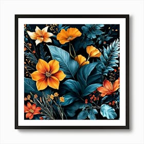 Draw A Composition Of Different Types Of Leaves And Flowers Floating On A Dark Background Use A (1) Art Print