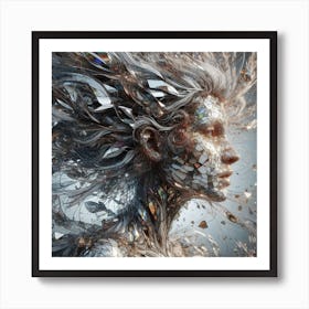 3D HDR a close up of a woman with Fractured Dreams a kaleidoscope of shattered mirrors, splintered glass, and tangled copper wire, forms a mesmerizing, abstract sculpture that pierces the soul, reflecting the fractured psyche of a world torn apart. Art Print