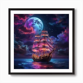 Ship In The Sea At Night Art Print