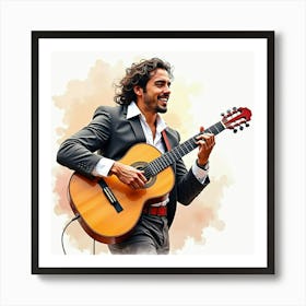 Spanish Flamenco Guitarist Playing Passionately, Rendered In Watercolor Art Print