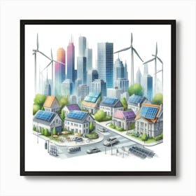 Illustration Of Wind Turbines And Solar Panels Art Print