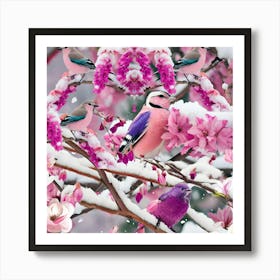 Birds In The Snow- purple floral winter natural art Art Print