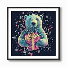 Polar Bear With Gift.Generated AI. Wall Art Print Art Print