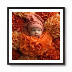 Newborn Baby In Orange Flowers Art Print