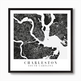 Charleston South Carolina Minimal Black Mono Street Map  Square Art Print