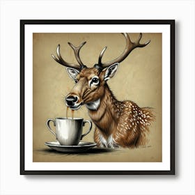 Deer Drinking Coffee 1 Affiche