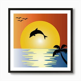 Ocean Sunset Dolphin Palm Tree 1 Art Print