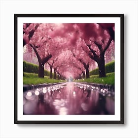 Sparkling Rain through the Pink Cherry Blossom Trees Art Print