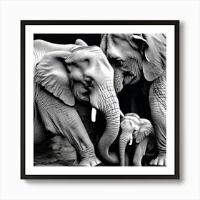 Family Of Elephants, A Mother Animal Caring For Her Young Illustrating Nurturing And Love Art Print