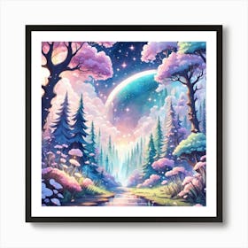 A Fantasy Forest With Twinkling Stars In Pastel Tone Square Composition 372 Art Print