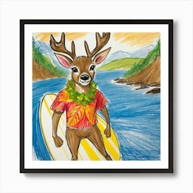 Deer On Surfboard 11 Art Print