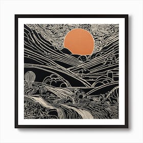 Abstract Sunset In The Mountains Linocut Illustration Art Print