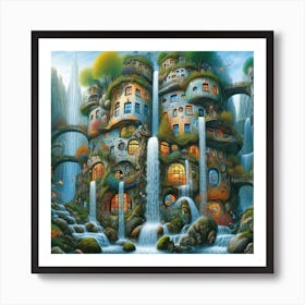 Inspired by the architectural fantasies of Friedensreich Hundertwasser: A gravity-defying building cascading down a waterfall Art Print