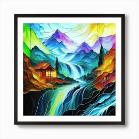 Abstract art stained glass art of a mountain village in watercolor 7 Art Print