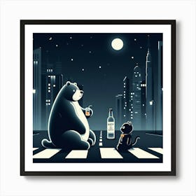 Bear And Cat On The Street Art Print