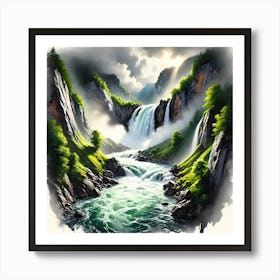 Majestic Waterfall Cascading Through A Mountain Gorge Art Print