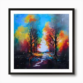 Autumn Forest, Autumn forest path. Orange color tree, red brown maple leaves in fall city park. Nature scene in sunset fog Wood in scenic scenery Bright light sun Sunrise of a sunny day, morning sunlight view, landscape art. Art Print