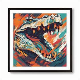 An Abstract Representation Of A Roaring Crocodile, Formed With Bold Brush Strokes And Vibrant Colors Art Print