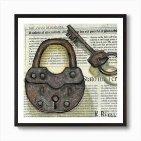 Lock With Key On Newspaper Houseware Objects For Minimal Rustic Wall Decor Art Print