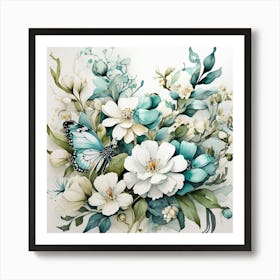 Blue Flowers And Butterflies Art Print