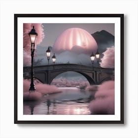 Magical Pink Cherry Blossoms Landscape Art Print