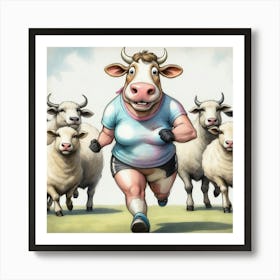 Cow Running With Sheep Art Print