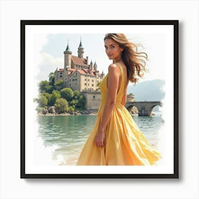 Elegant Italian Woman In Watercolor, With A Historic Castle In The Background Art Print