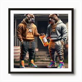 Two Dogs Holding A Bottle Art Print