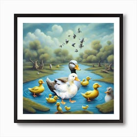 Happy Family Duck in the lake- Mallard and ducklings with beauty nature with cute birds Art Print