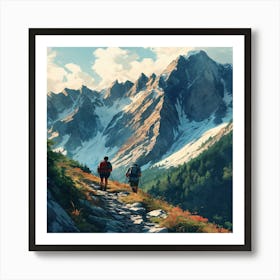 Two Hikers Hiking In The Mountains Art Print