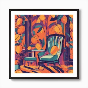 Drew Illustration Of Mango On Chair In Bright Colors, Vector Ilustracije, In The Style Of Dark Navy Art Print