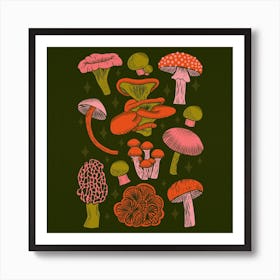 Texas Mushrooms   Bright Multicolor On Green Square Art Print