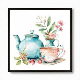 Watercolor Teapot Tea Cup And Vase Art Print
