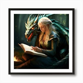 The Blond Woman Is Nestled Comfortably Between The Dragons Forelegs Her Back Against Its Warm Red Neck Art Print