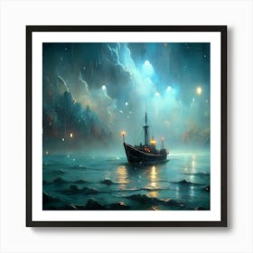 Ship At Night Art Print