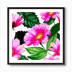Seamless Pattern With Pink Flowers And Leaves 1 Art Print
